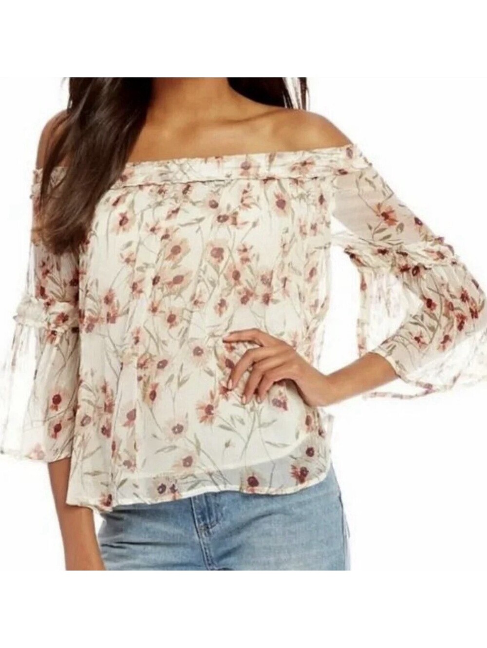 Lucky Brand Ivory Brown Orange Floral Off-Shoulder Ruffle Blouse 3/4 Sleeve S